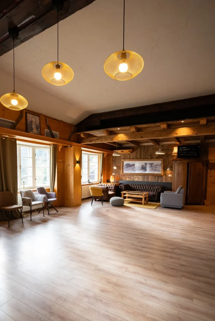 Der rund 70 m² große Saal mit Holzvertäfelung, Sitzecke am Fenster und Ledersofa