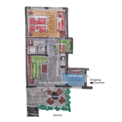Grundriss-Skizze Apartment Trefflingfall: 38 m² mit Doppelbett, Flexinno-Ausklappbetten, Küche, Bad/WC und Terrasse