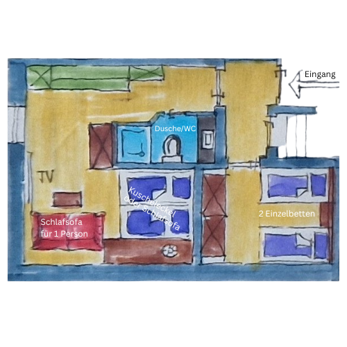 Grundriss-Skizze Kuschelzimmer: 1 Zimmer mit 2 Einzelbetten, Schlafsofa, Bad/WC und eigenem Wohnzimmer