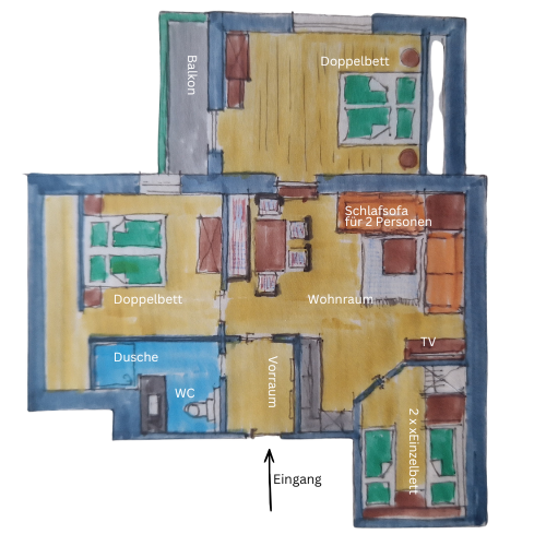 Grundriss-Skizze Turmkogel-Zimmer: 3 Zimmer mit 2 Doppelbetten, 2 Einzelbetten und Wohnzimmer mit Schlafsofa